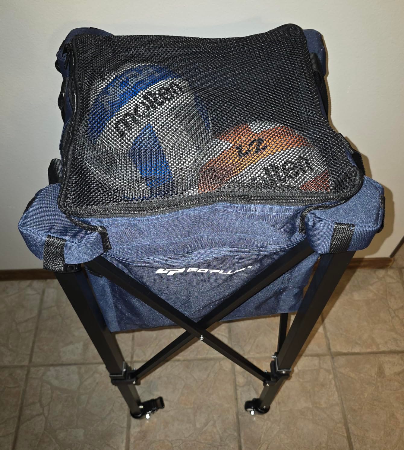 Goplus Foldable Tennis Ball Hoppers, Lightweight Aluminum Tennis Ball Basket with Wheels, Removable Bag, Side Pockets, Carry Bag, Portable Sports Teaching Cart Holds 150 Tennis Balls (Blue) … customer photo 1