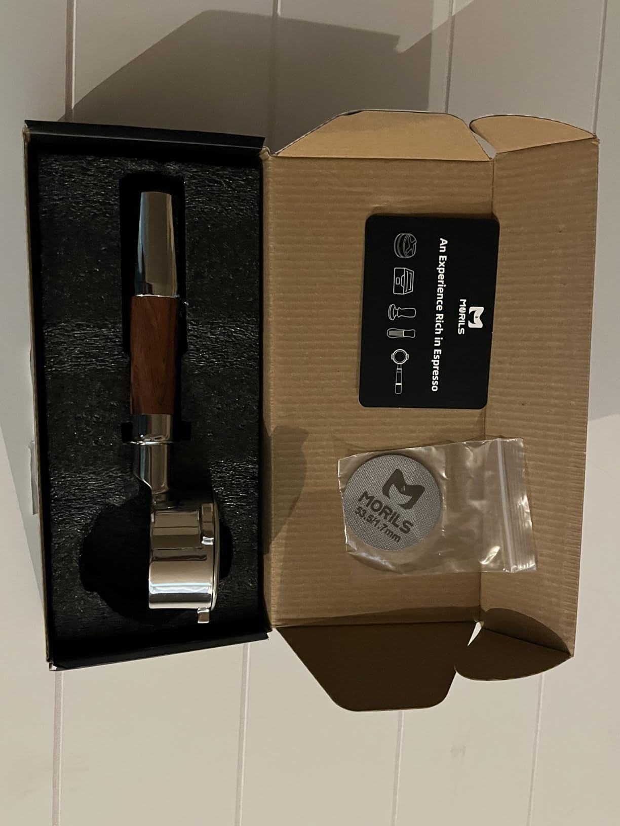 Bottomless Portafilter 58mm with Double Shot Filter Basket & Premium Walnutwood Handle, Portafilter with Puck Screen Compatible with All Breville 58mm Machines, Espresso Accessories, Silver customer photo 2